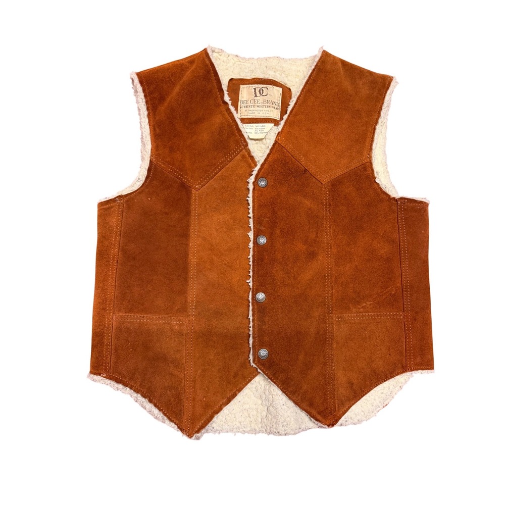 Dee Cee Brand VTG  Mens Suede Western Vest Sherpa Lined Brown Cowhide USA Made